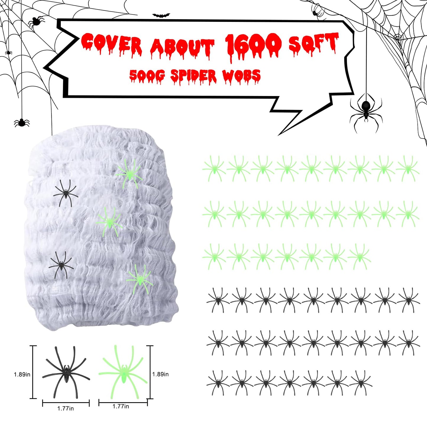 1600 sq ft Spider Web Halloween Decorations, with 25 Black Spiders, 25 Reflective Spiders, Super Stretched Spider Webs for Halloween Indoor and Outdoor Party Supplies