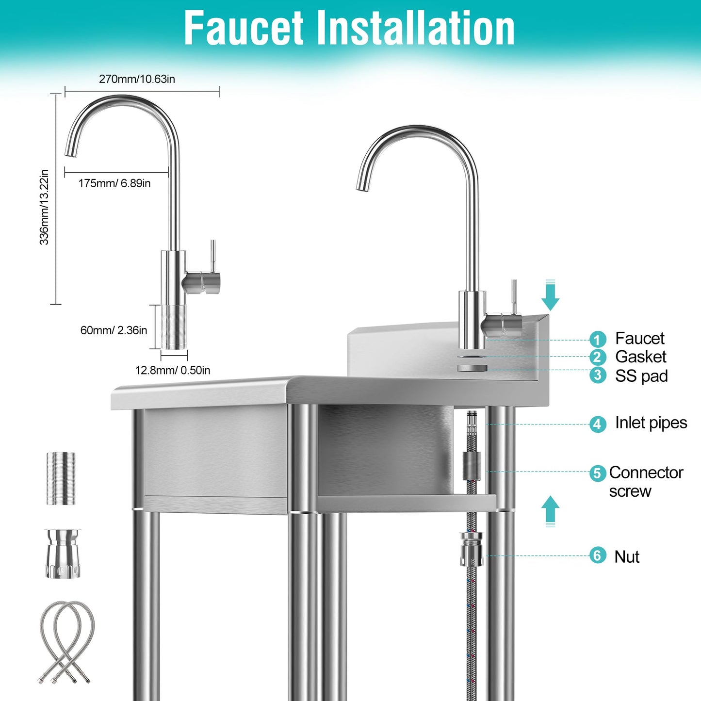 Kitchen Sink Faucet, 304 Stainless Steel Sink for Kitchen Sink Bathroom Sink Outdoor Indoor Use
