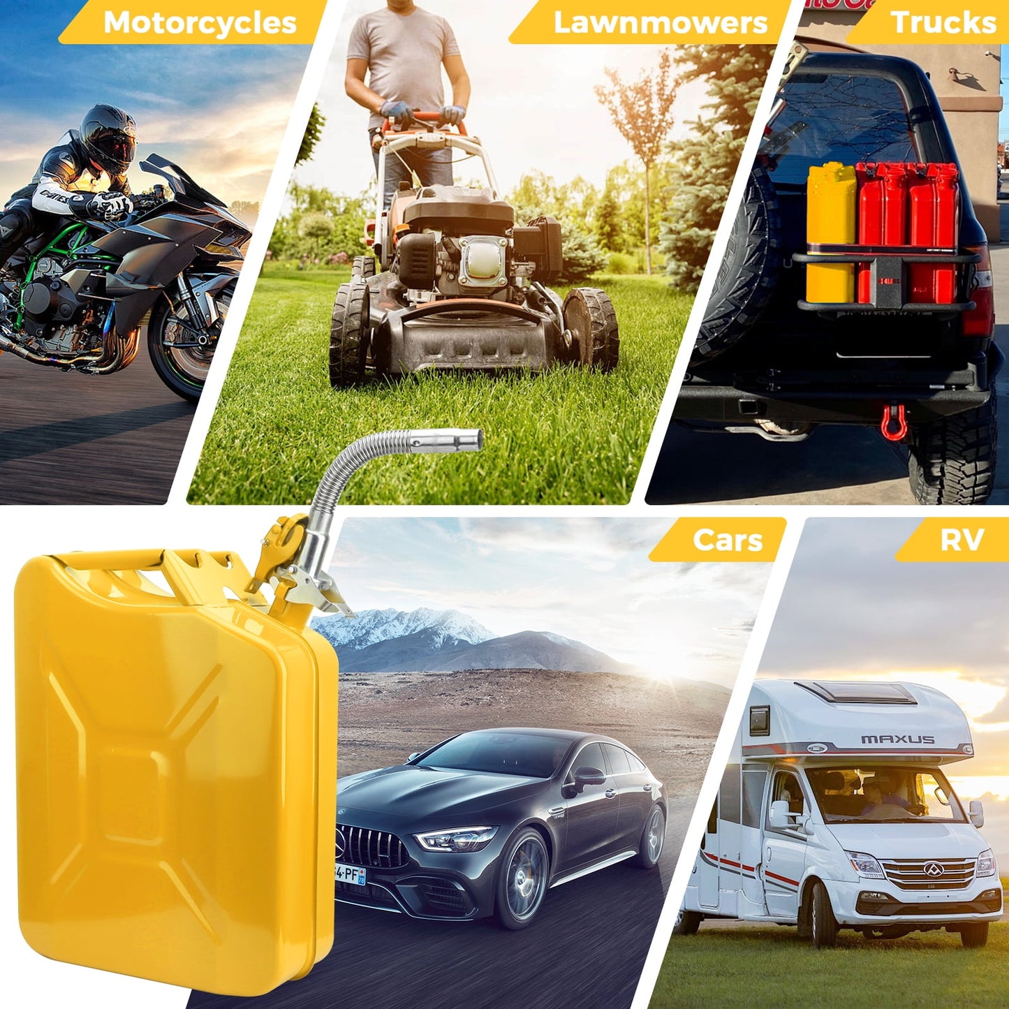 5 Gallon 20L Metal Gas Tank Can (US Stardard) Gas Can Power Emergency Backup Tank with Flexible Spout Yellow