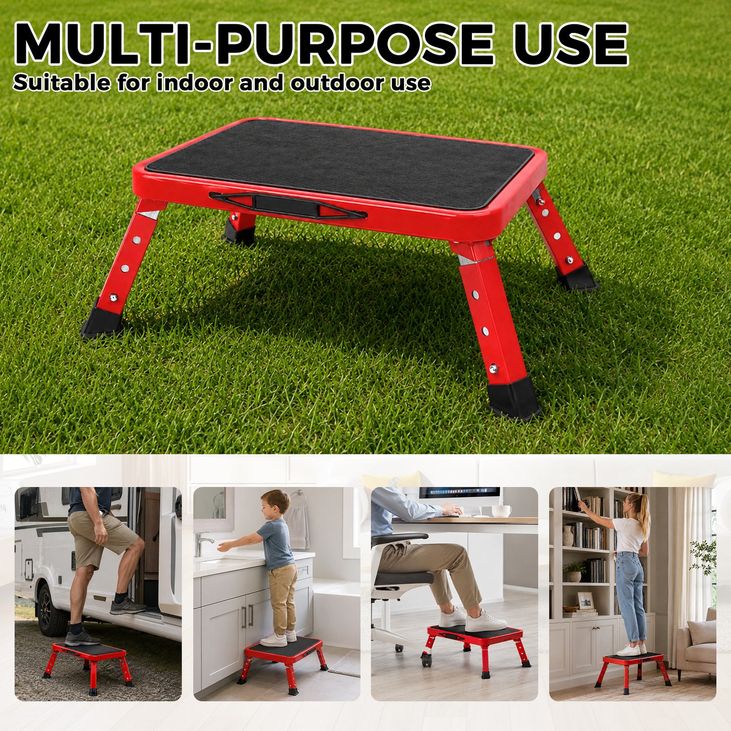 Lafati Folding Step Stool for Adults & Seniors - Heavy Duty Steel Step Stool with 3 Adjustable Heights, Anti-Slip Surface & Rubber Feet, Multi-Purpose Step Stool for Kitchen, Bed, SUV, RV