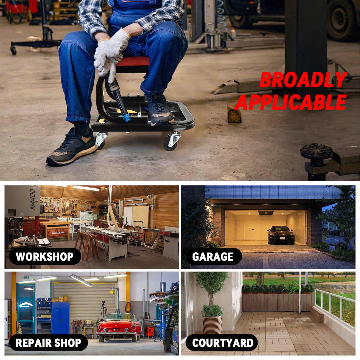 Rolling Creeper Garage/Shop Seat, Soft Padded Mechanic Stool with Segmented Tool Tray Storage, Heavy-Duty Garage Roller Seat with 4 Universal Casters, 330 LBS Capacity