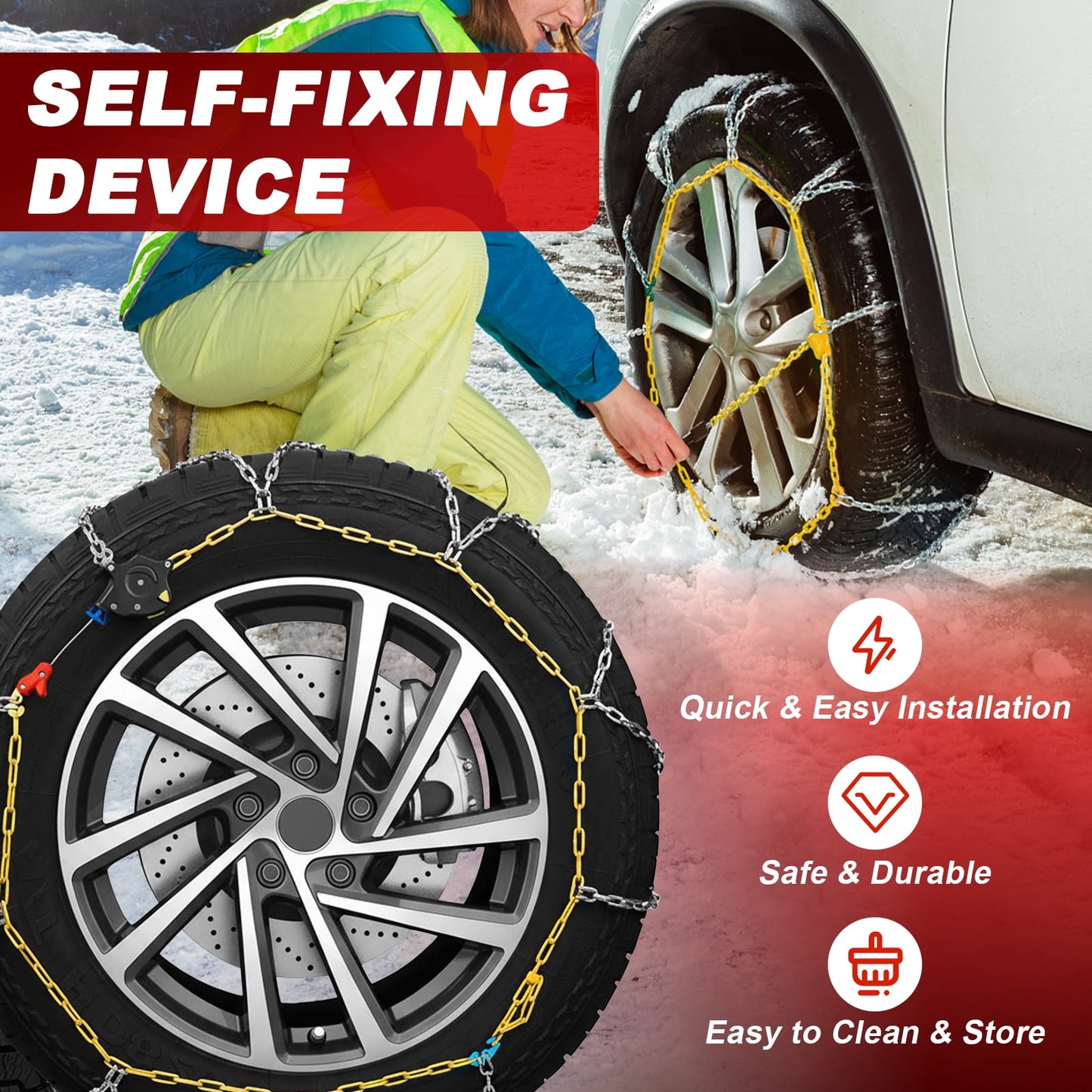 Lafati Snow Chains Auto Tightening(HKN 140), Reusable tire Chains Quick and Easy Installation,Traction Chains for Cars, SUVs, Trucks  – Set of 2