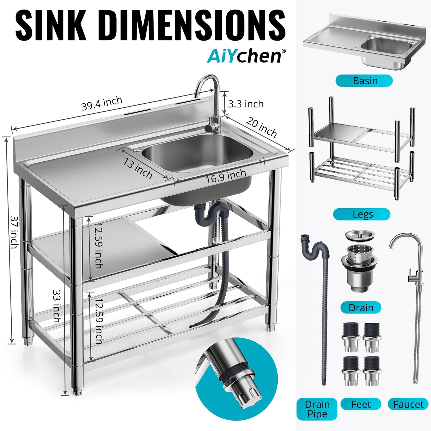 Lafati 304 Stainless Steel Freestanding Utility Sink Set - 39.5" Single Bowl with Faucet, Drainboard & Adjustable Feet for Outdoor, Garden, Garage, and Commercial Use