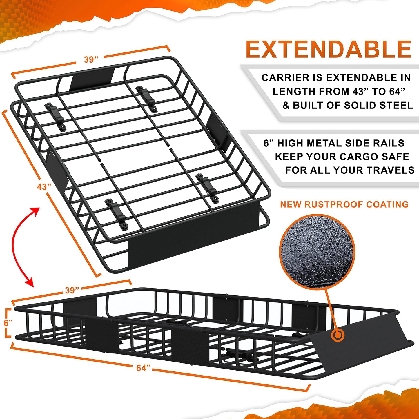 64x39x6 Anti Rust Rooftop Cargo Carrier 20Cu Waterproof Bag 250lb Cap Extendable Roof Basket | Universal Roof Rack Basket | Car Roof Rack Cargo Carrier Roof Rack Cargo Basket Roof Cargo Basket