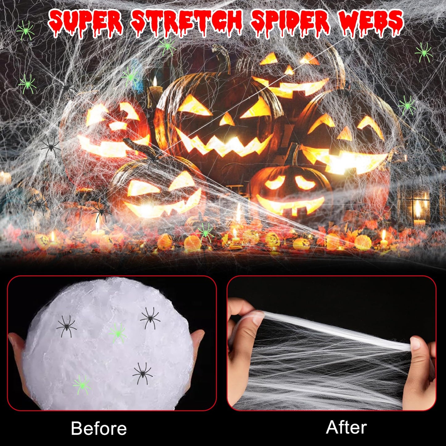 1600 sq ft Spider Web Halloween Decorations, with 25 Black Spiders, 25 Reflective Spiders, Super Stretched Spider Webs for Halloween Indoor and Outdoor Party Supplies