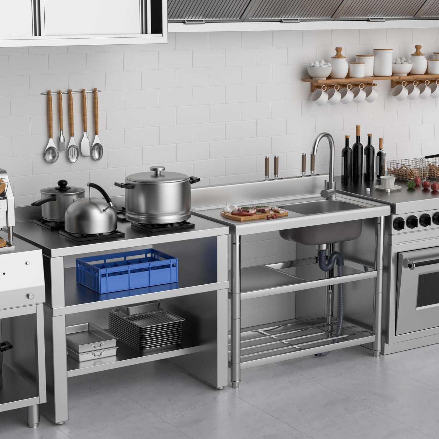Lafati 304 Stainless Steel Freestanding Utility Sink Set - 39.5" Single Bowl with Faucet, Drainboard & Adjustable Feet for Outdoor, Garden, Garage, and Commercial Use