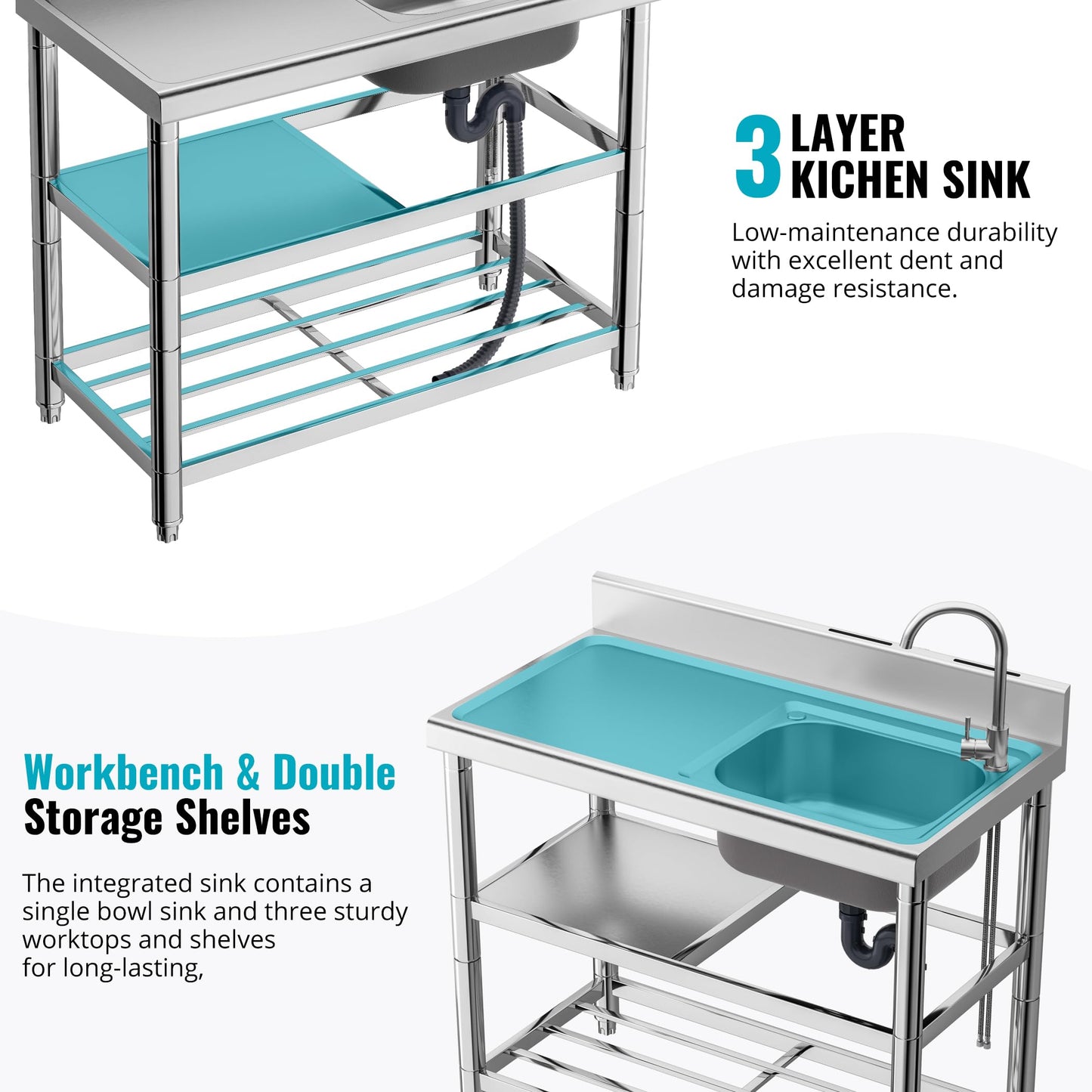 Lafati 304 Stainless Steel Freestanding Utility Sink Set - 39.5" Single Bowl with Faucet, Drainboard & Adjustable Feet for Outdoor, Garden, Garage, and Commercial Use