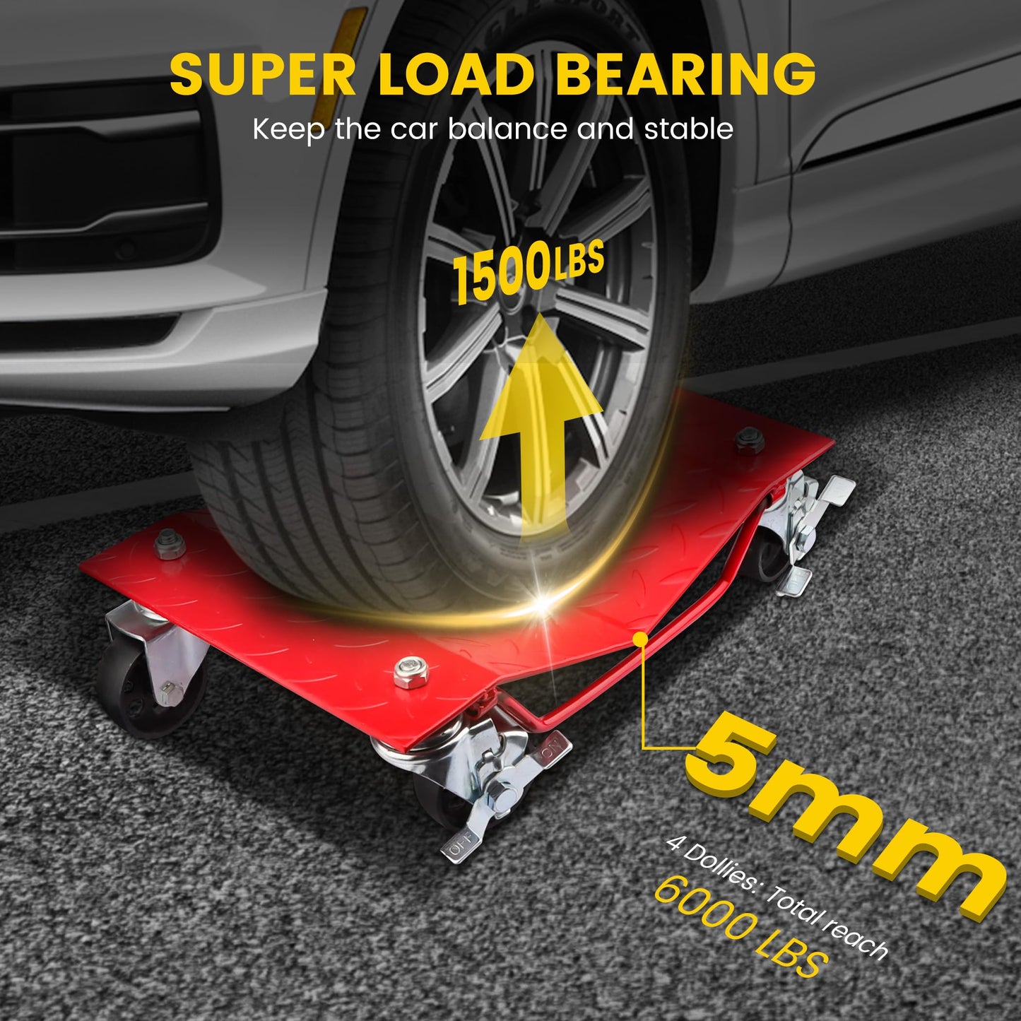 Car Dolly Set of 4, 6000 lbs/2722 kg Capacity Wheel Dolly, Heavy Duty Car Tire Dolly Wheels Cart Moving Cars, Heavy Duty Vehicle Dolly with 360° Rotational Wheel, Makes Moving A Car Easy