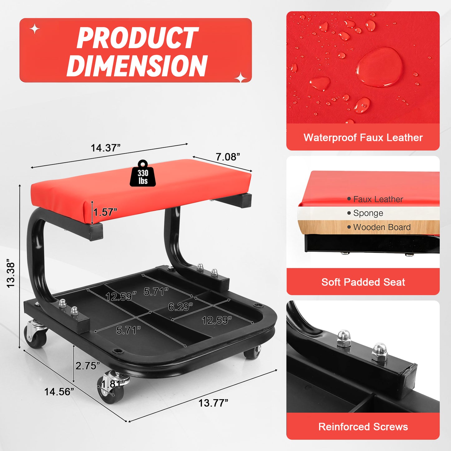 Rolling Creeper Garage/Shop Seat, Soft Padded Mechanic Stool with Segmented Tool Tray Storage, Heavy-Duty Garage Roller Seat with 4 Universal Casters, 330 LBS Capacity
