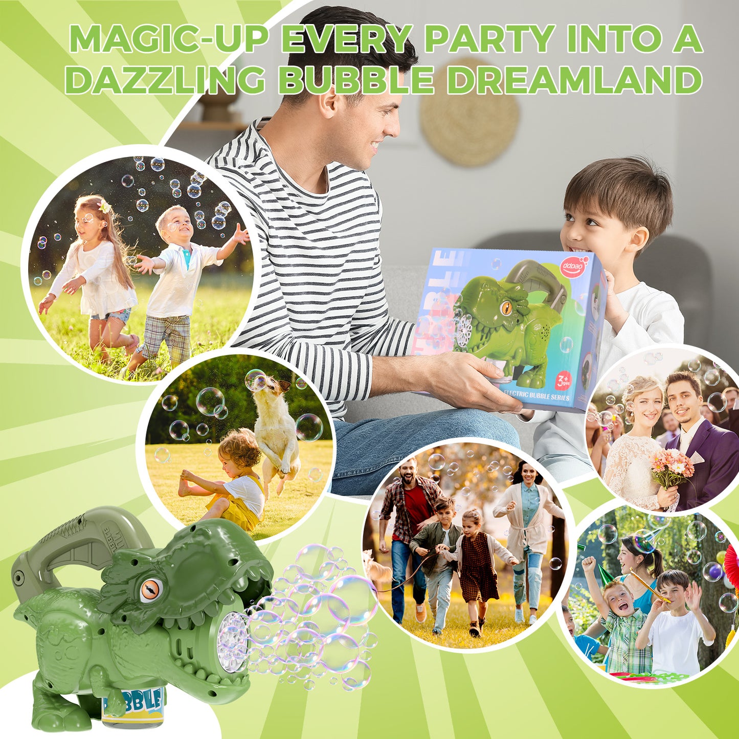 Dinosaur Bubble Machine for Kids, Automatic Handheld T-Rex Bubble Gun with Colorful Bubble- Idea Gift for Easter, Birthday, Halloween, Christmas(Green)