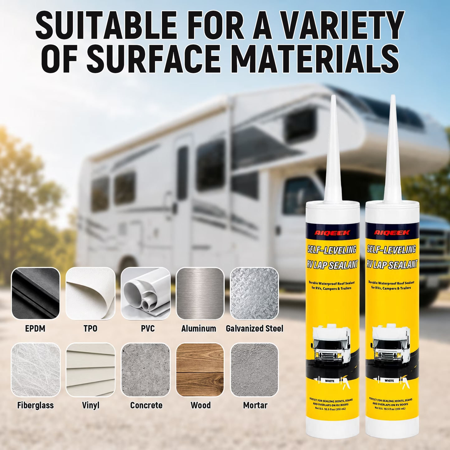 2 Packs RV Roof Sealant, Self Leveling Lap Sealant White for RV Caulking for Roof, Repair, UV resistant & Waterproof, 10.5 fl oz
