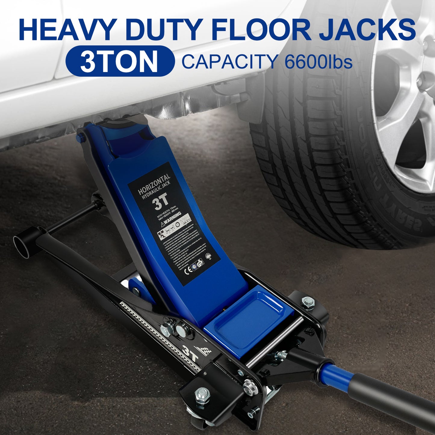 3 Ton / 6600 lbs Low Profile Floor Jack, Dual Piston Quick Lift Pump, 75mm-460mm Lifting Range, Heavy-Duty Steel with 360° Rubber Saddle and Foam Handle - Blue
