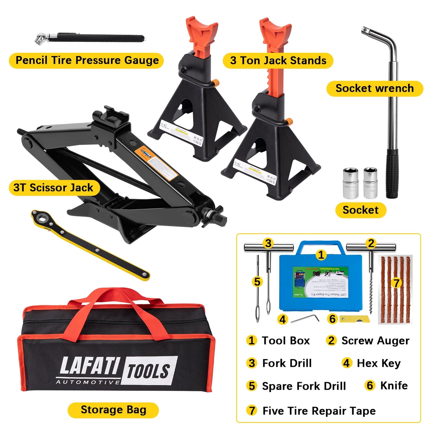 3 Ton Car Jack & Jack Stands Kit – Scissor Jack, 3T Jack Stands (2 Pack), Lug Wrench, Tire Repair Tools – Car Kit for Cars, SUVs