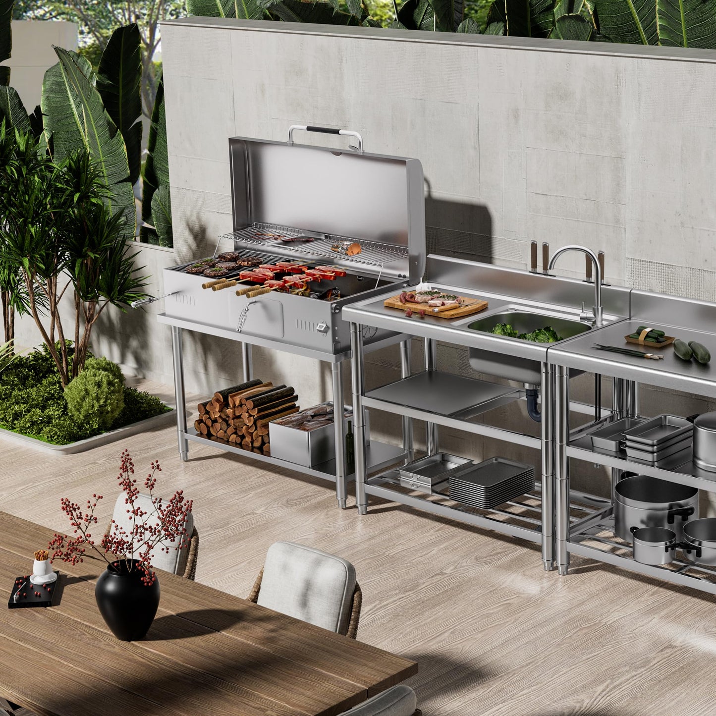 Lafati 304 Stainless Steel Freestanding Utility Sink Set - 39.5" Single Bowl with Faucet, Drainboard & Adjustable Feet for Outdoor, Garden, Garage, and Commercial Use