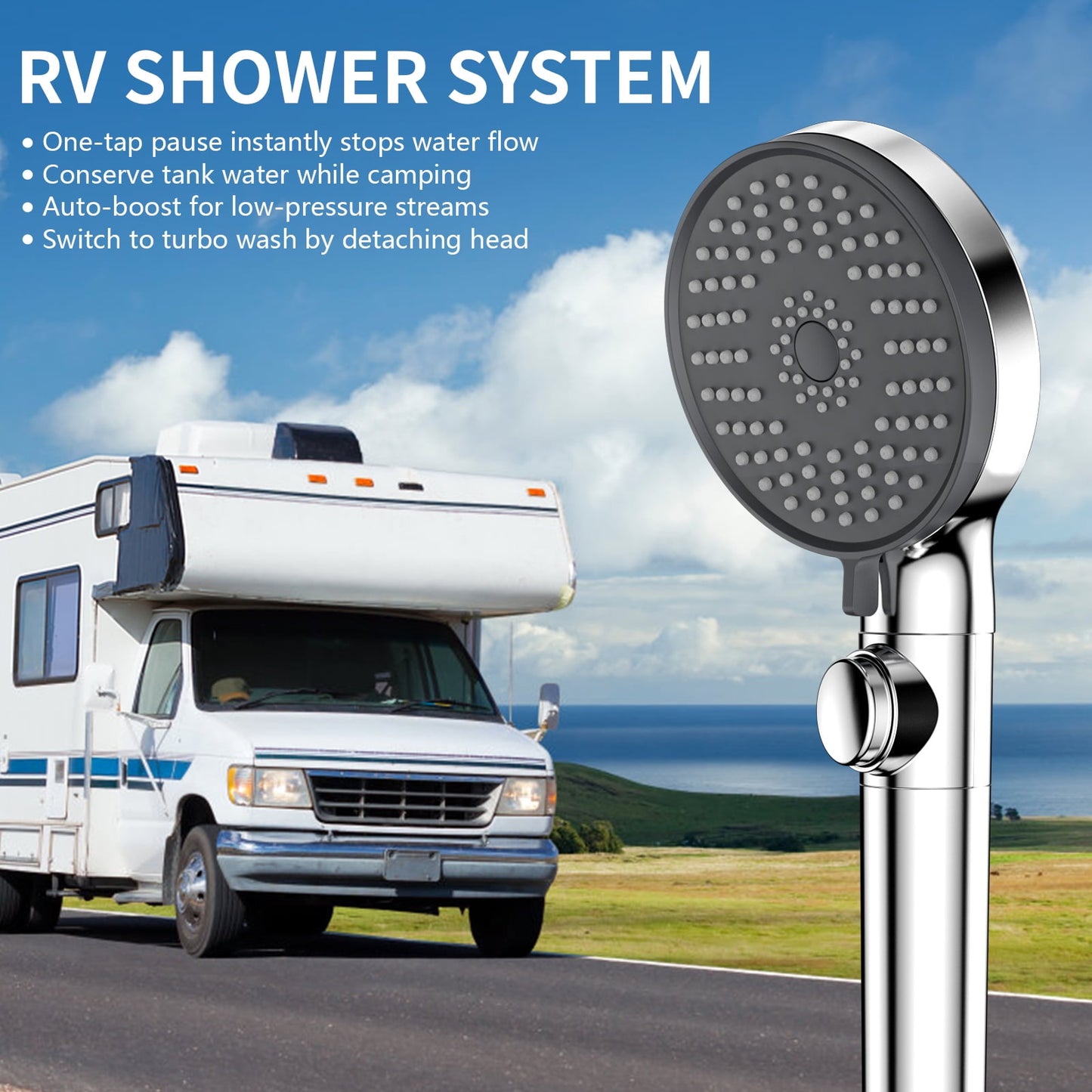 RV Shower Head with Hose, 5 Mode High Pressure Shower Head Replacement, Handheld on/off with Holder、Hose, Travel Trailer, Water Saving Motorhome