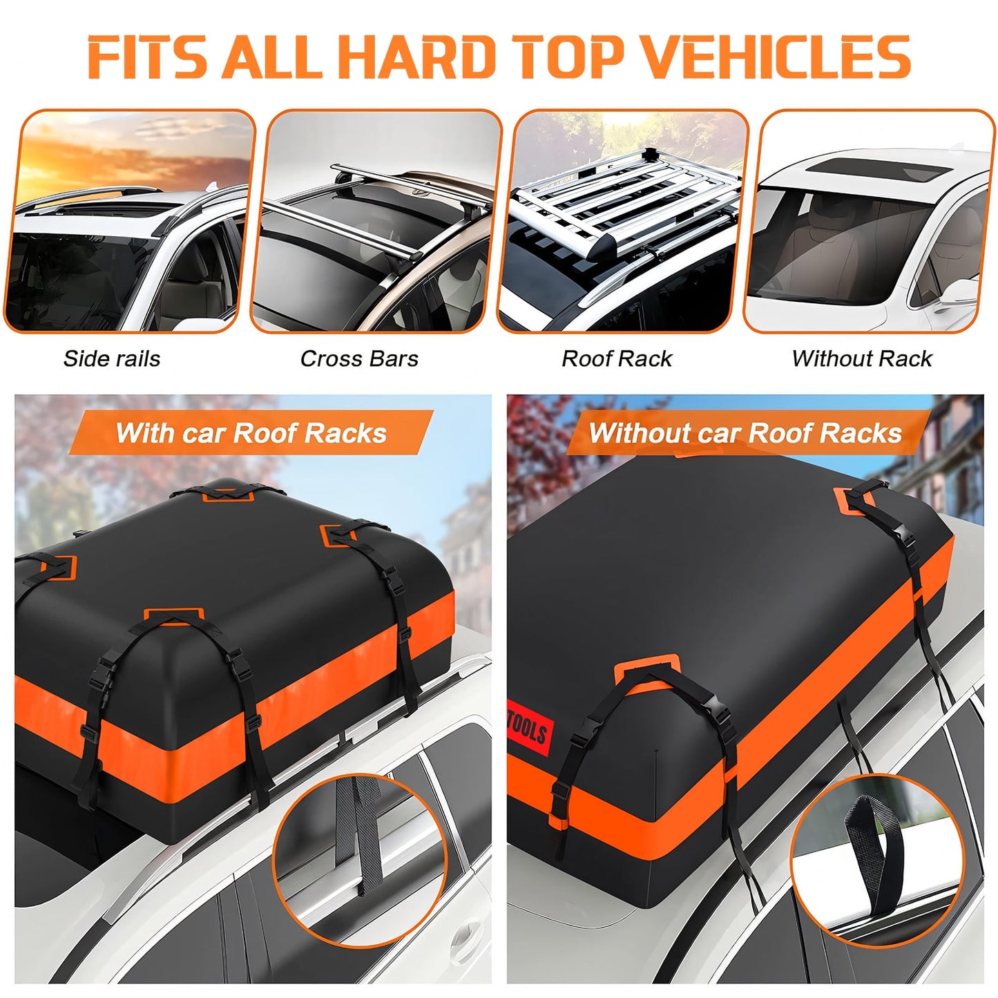 Car Rooftop Cargo Carrier - 15Cubic feet, 100% Waterproof Heavy Duty 840D Car Roof Bag for All Vehicles with/Without Racks -Slip Mat + Reinforced Straps +4 Door Hooks + Luggage Lock
