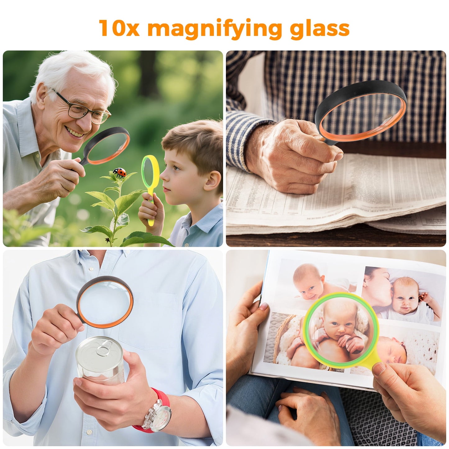 Nazano 2 Pcs Magnifying Glass, Large Handheld Magnifier Magnafying, Non-Slip Rubber Handle for Handheld Seniors Reading & Children Science/Explore