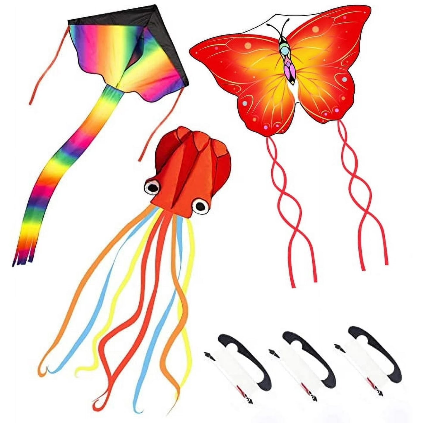 Crogift 3-Pack Large Kites Set - Delta, Devil Fish, Octopus Designs - For Kids & Adults Outdoor Fun
