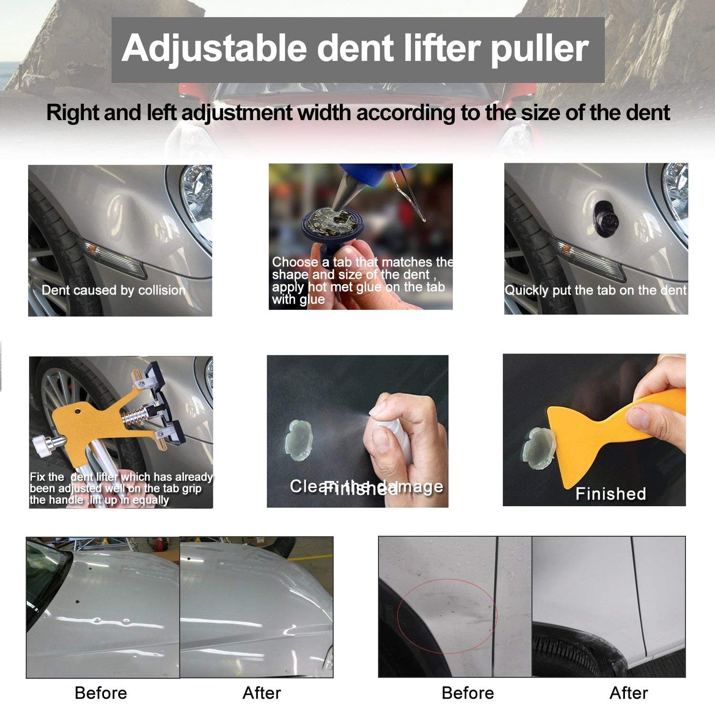 Auto Dent Puller Kits,Adjustable Golden Dent Remover Tools Paintless Dent Repair Kit Dent Lifter Puller for Car Large & Small Ding Hail Dent Removal