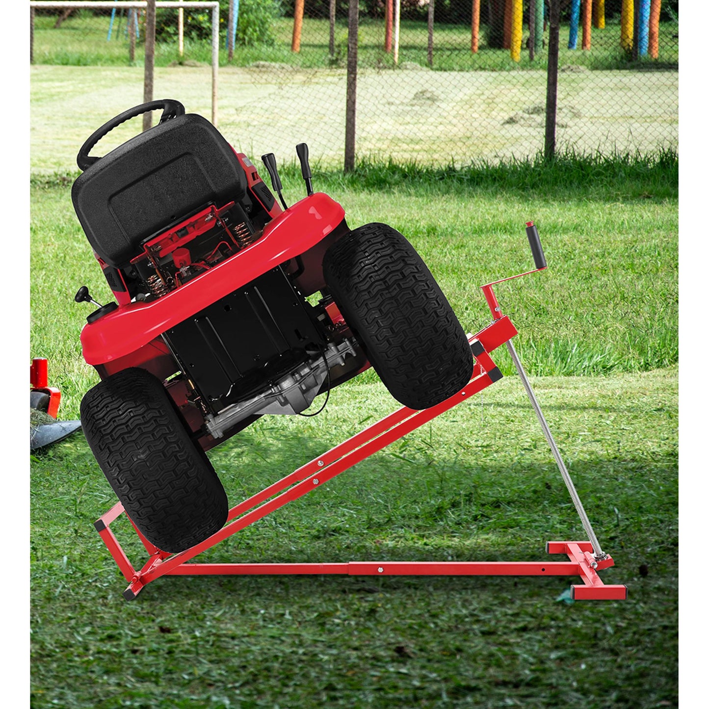 Easy Lawn Mower Lift for Riding Tractors, 800 lbs Capacity Lawn Tractor Lifter, 45° Adjustable Tilt, Universal Ride-on Mower Cleaner Aid, Red