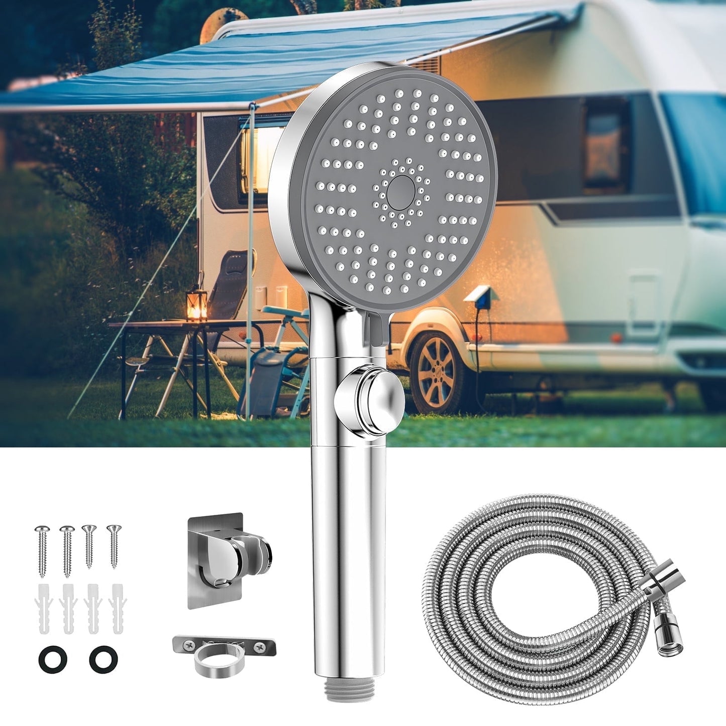 RV Shower Head with Hose, 5 Mode High Pressure Shower Head Replacement, Handheld on/off with Holder、Hose, Travel Trailer, Water Saving Motorhome