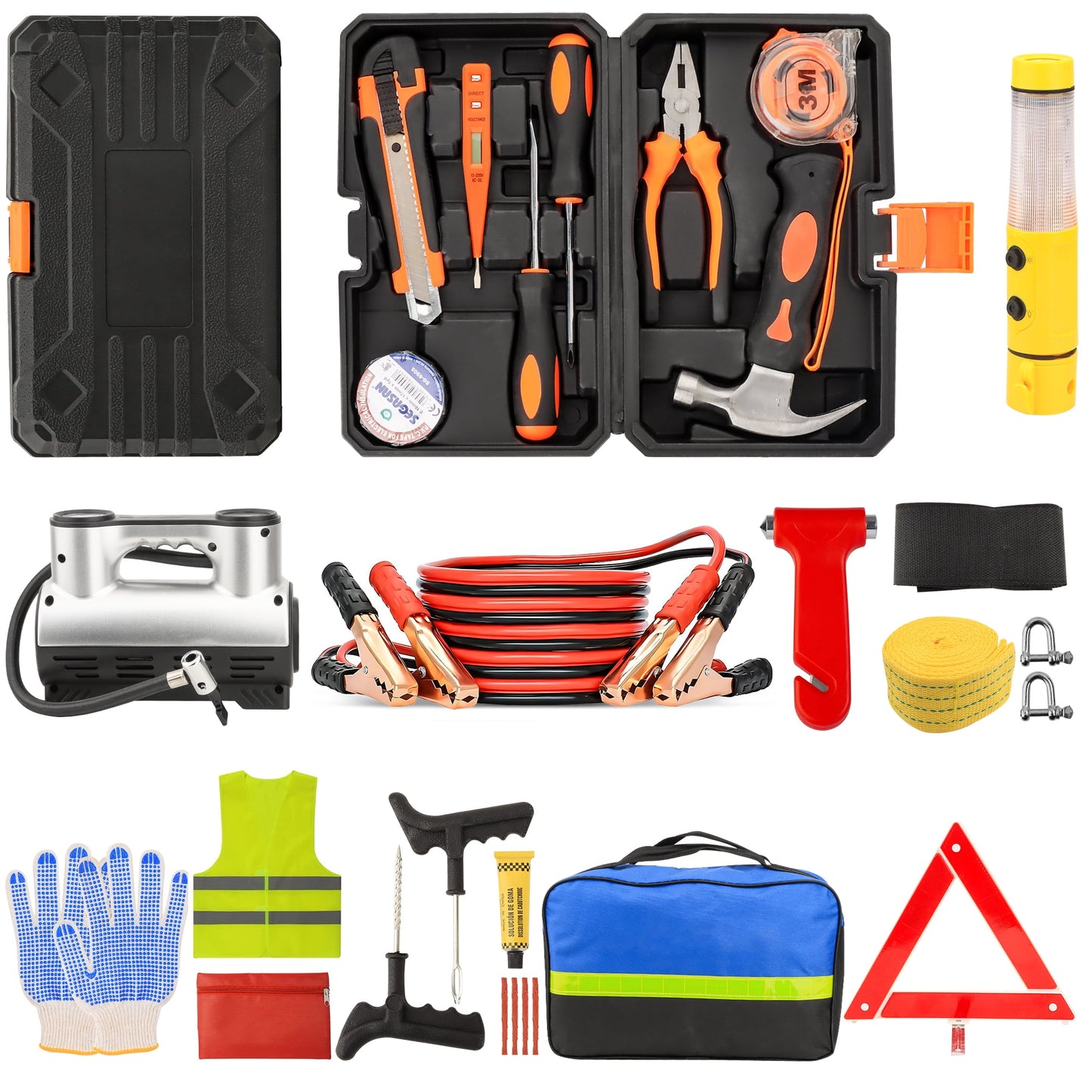 Roadside Emergency Car Kit, Car Emergency Kit with Jumper Cables, Portable Air Compressor, Tow Strap, Tool Kit, Reflective Warning for Trianglefor Travel Camping