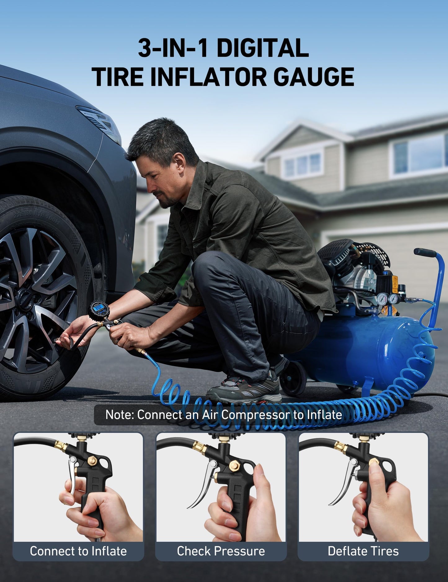 Digital Tire Pressure Gauge with Inflator, 3-250 PSI Air Chuck & Compressor Accessories Heavy Duty with Quick Connect Coupler, 0.1 Display Resolution, 1pack