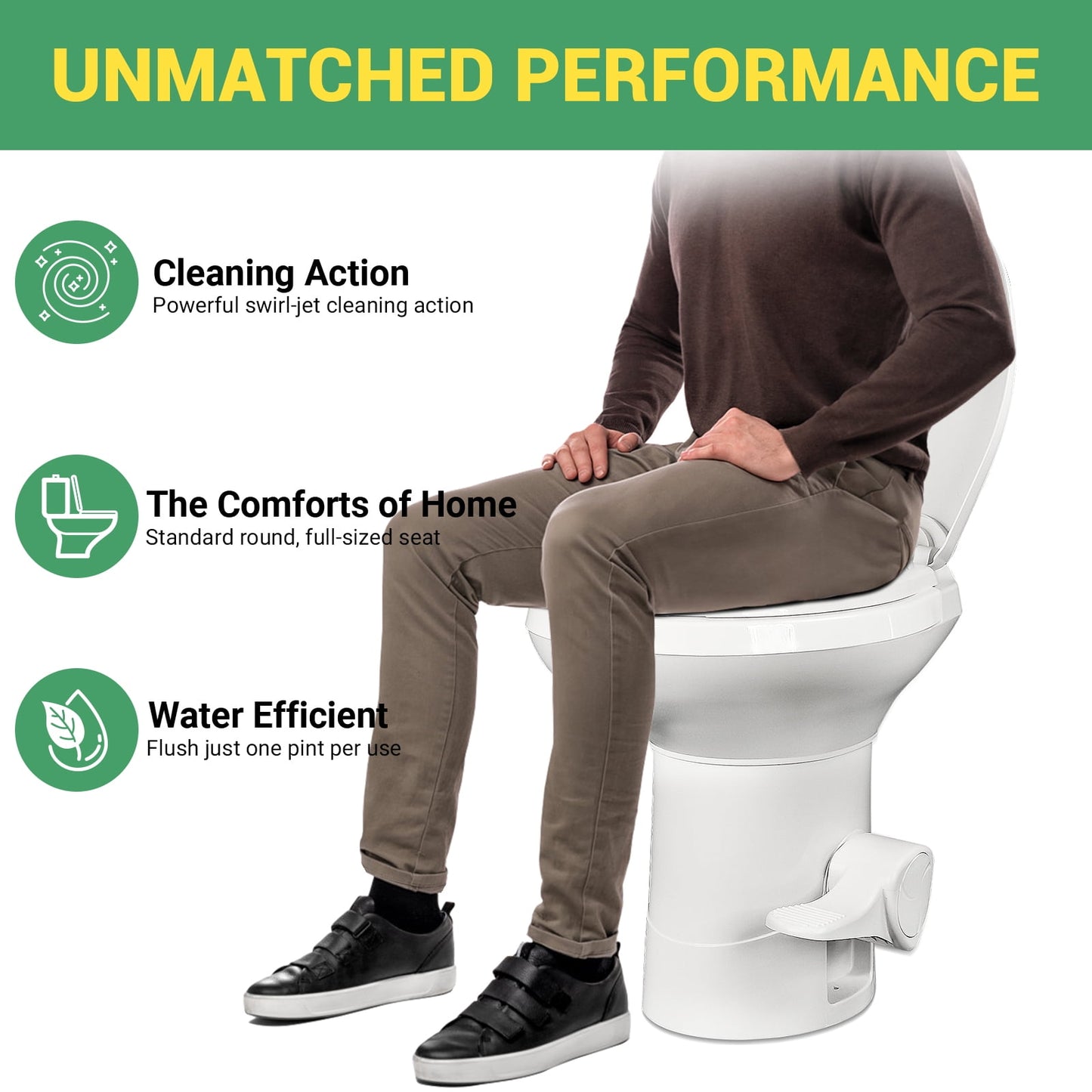 Portable RV Toilet With Pedal Flush, High Profile lightweight toilet with Hand Sprayer - White