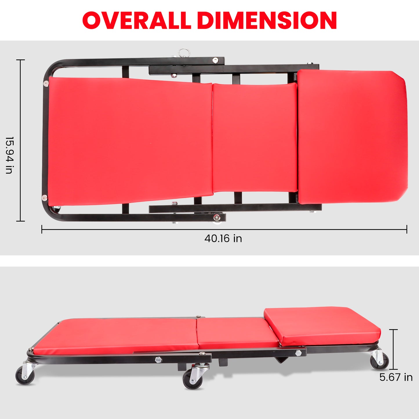 40" Inch Foldable Creeper Seat, 2 in 1 Z Shape Creeper and Seat, 6 Swivel Casters Wheeled Creeper for Garage Shop, 330 lbs Capacity, Red