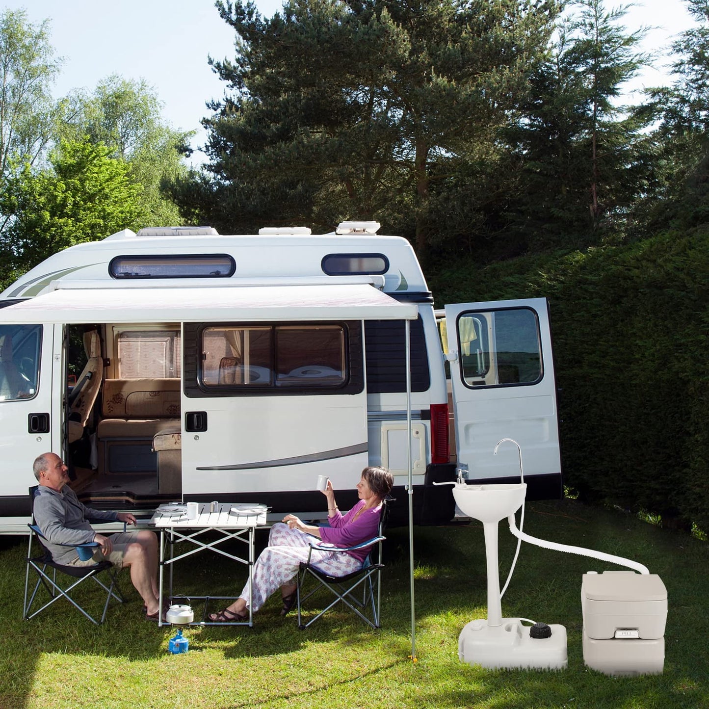 Portable RV Toilet and Sink Combo, 5 Gallon Hand Washing Station & 5.3 gallon Flushing Toilet, Detachable Wastewater Recycled Perfect for Outdoor Camping RV Travel Boat