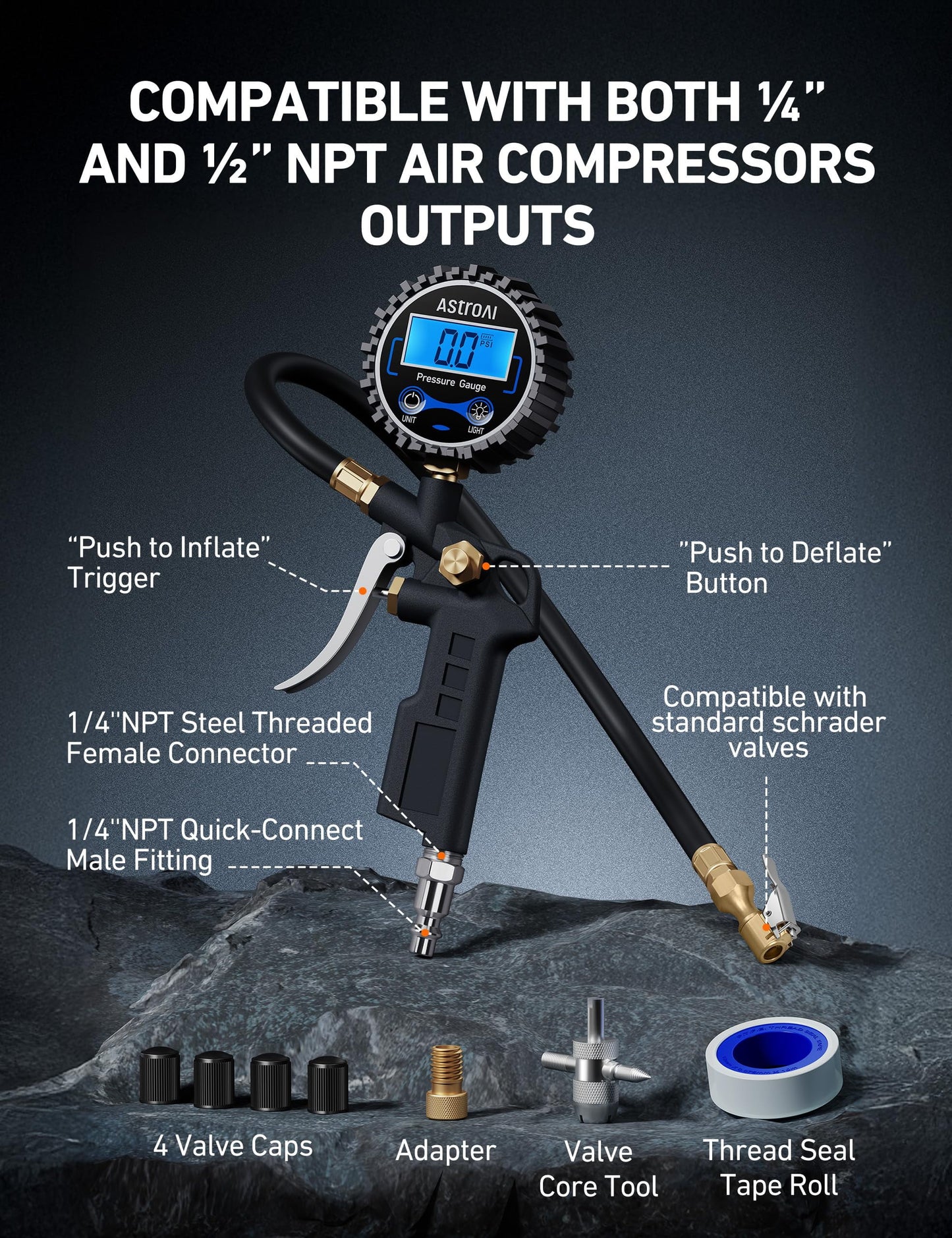 Digital Tire Pressure Gauge with Inflator, 3-250 PSI Air Chuck & Compressor Accessories Heavy Duty with Quick Connect Coupler, 0.1 Display Resolution, 1pack