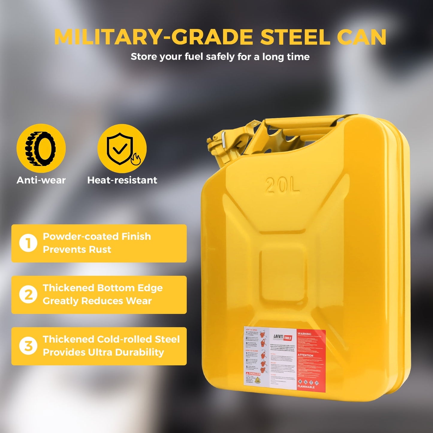 5 Gallon 20L Metal Gas Tank Can (US Stardard) Gas Can Power Emergency Backup Tank with Flexible Spout Yellow