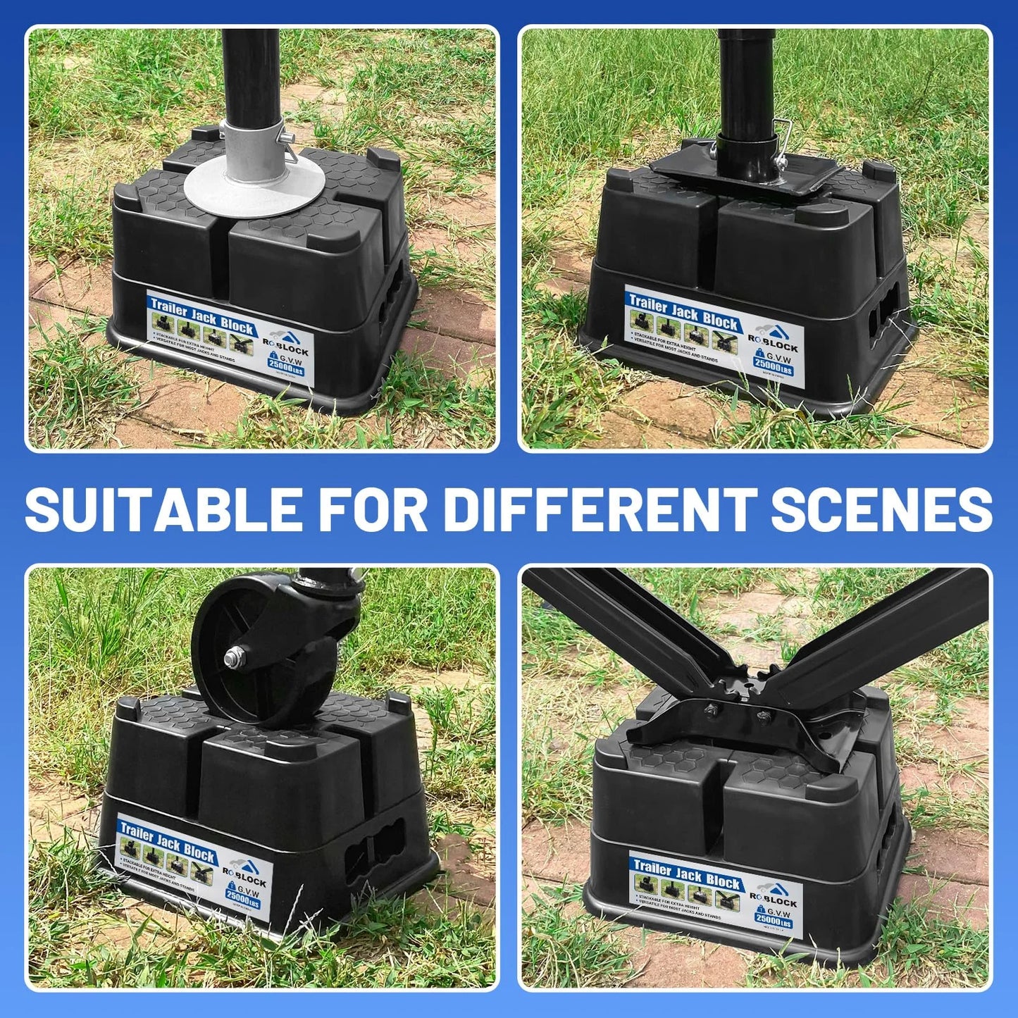 4 Packs Trailer Jack Block,New Version RV Camper Blocks,Leveling Tongue Blocks Travel TrailerRV Camper Stabilizer Any Jack,Post,Foot|Supports up to 25000lbs/Block