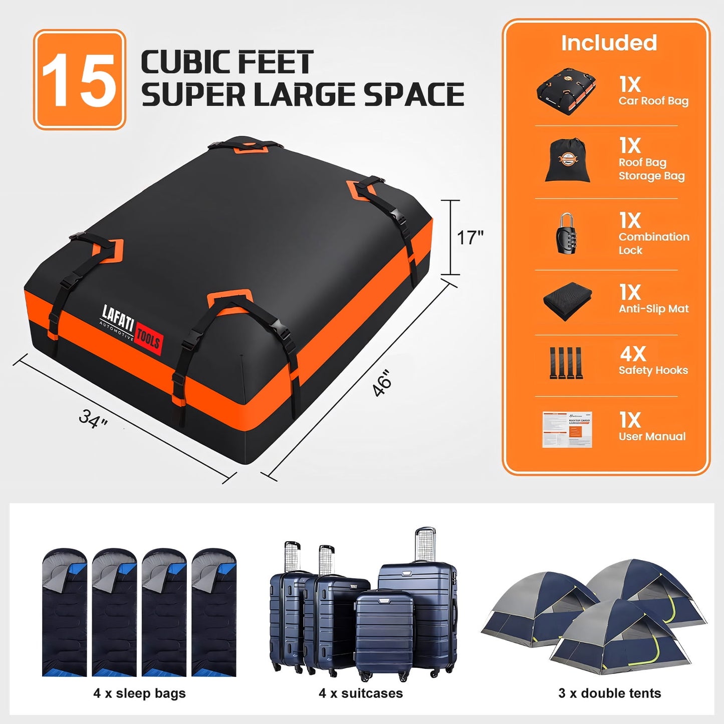 Car Rooftop Cargo Carrier - 15Cubic feet, 100% Waterproof Heavy Duty 840D Car Roof Bag for All Vehicles with/Without Racks -Slip Mat + Reinforced Straps +4 Door Hooks + Luggage Lock