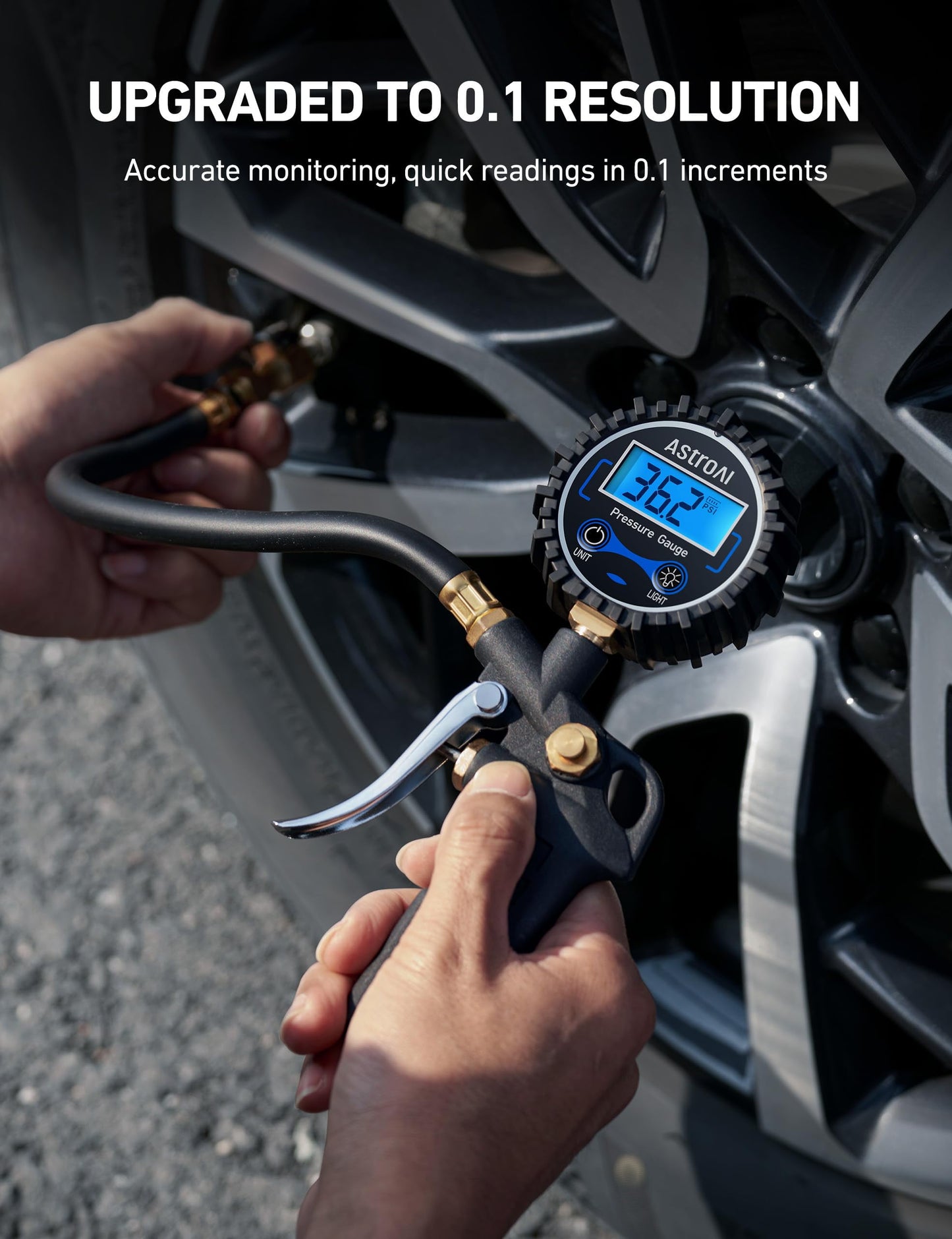 Digital Tire Pressure Gauge with Inflator, 3-250 PSI Air Chuck & Compressor Accessories Heavy Duty with Quick Connect Coupler, 0.1 Display Resolution, 1pack