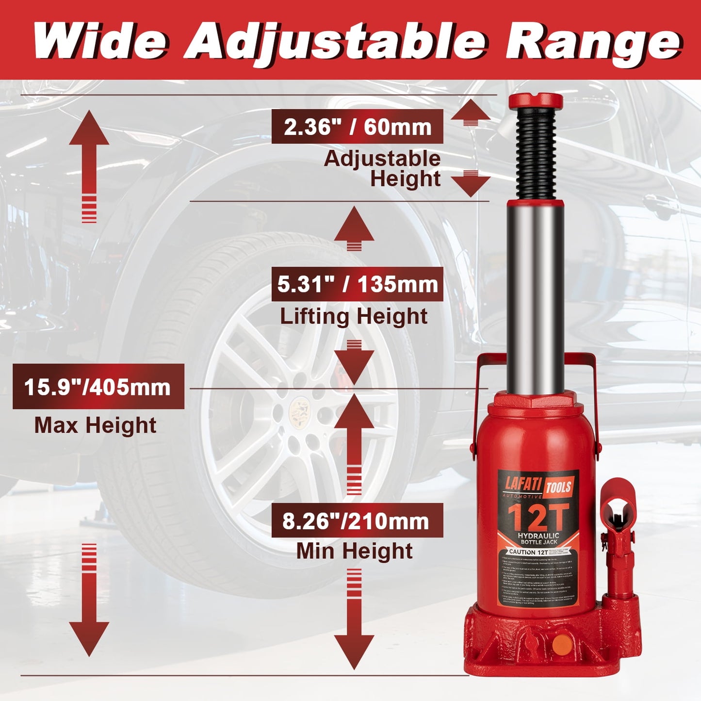Lafati Hydraulic Welded Bottle Jack, 12 Ton (24,000 lb) Capacity, Red