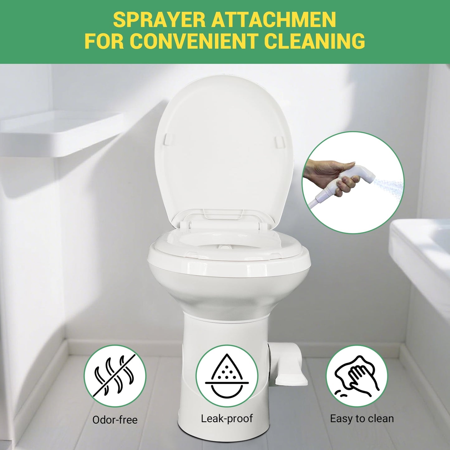 Portable RV Toilet With Pedal Flush, High Profile lightweight toilet with Hand Sprayer - White