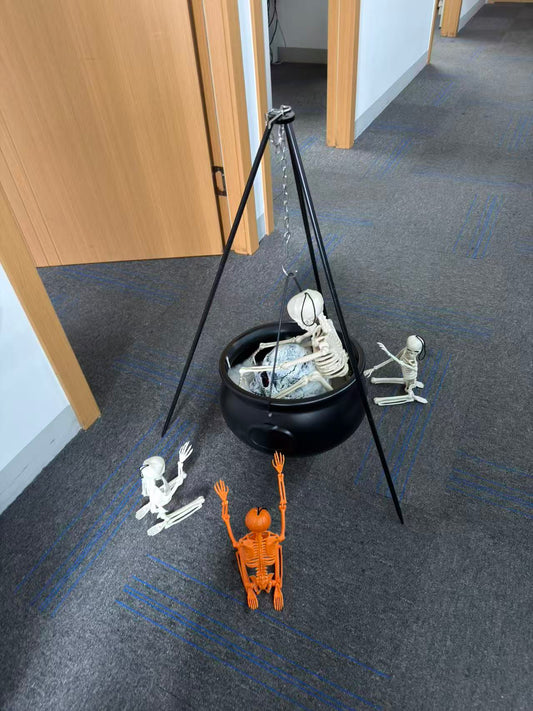 Halloween Decorations Bundle - 78cm/30.7" Witches Cauldron on 54" Tripod with Green LED Lights, 3pcs 40cm Skeleton, 60cm Skeleton, Skull Ornament, 4 Hooks - Indoor Outdoor Yard Porch Party Supplies