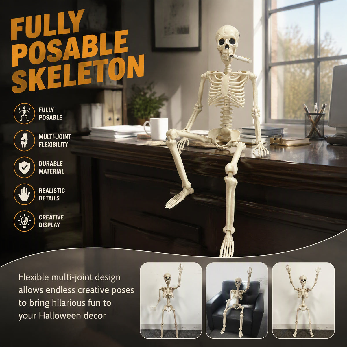 (2pack)3.3 ft Halloween skeleton decoration, with movable joints, flexible skeleton for poses, scary skeleton suitable for indoor and outdoor Halloween decorations, haunted houses, courtyards