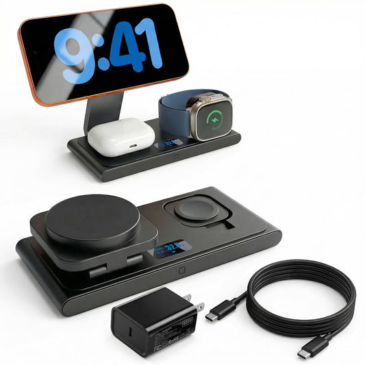 Lafati Foldable 3-in-1 Wireless Charging Station - 25W Max Fast Charger with Digital Power Display & 45W Adapter, Visible Charging Hub for iPhone 16/15/14/13 Pro Max, Apple Watch, AirPods