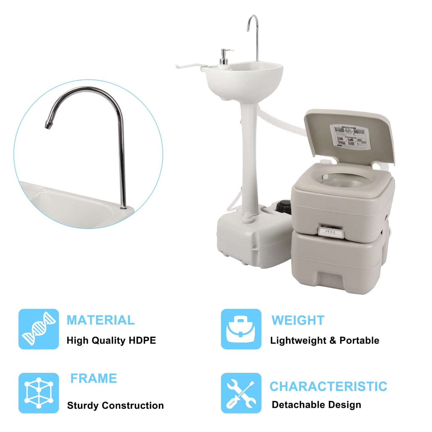 Portable RV Toilet and Sink Combo, 5 Gallon Hand Washing Station & 5.3 gallon Flushing Toilet, Detachable Wastewater Recycled Perfect for Outdoor Camping RV Travel Boat