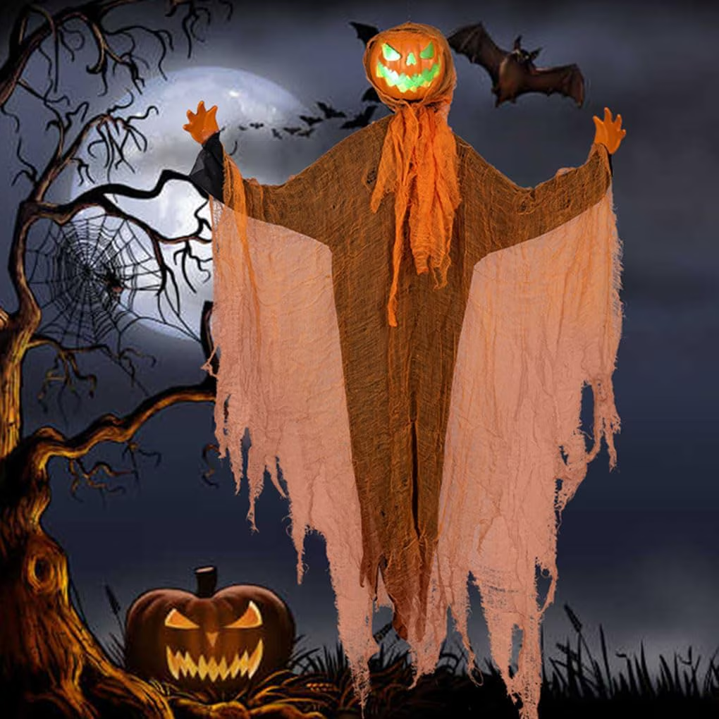Weswose Halloween Pumpkin Scarecrow Decor – Outdoor Hanging Pumpkin Head Ghost with Glowing & Voice Control, 48" Animatronics with 180° Rotating Head, Creepy Sounds for Garden, Haunted House, Party