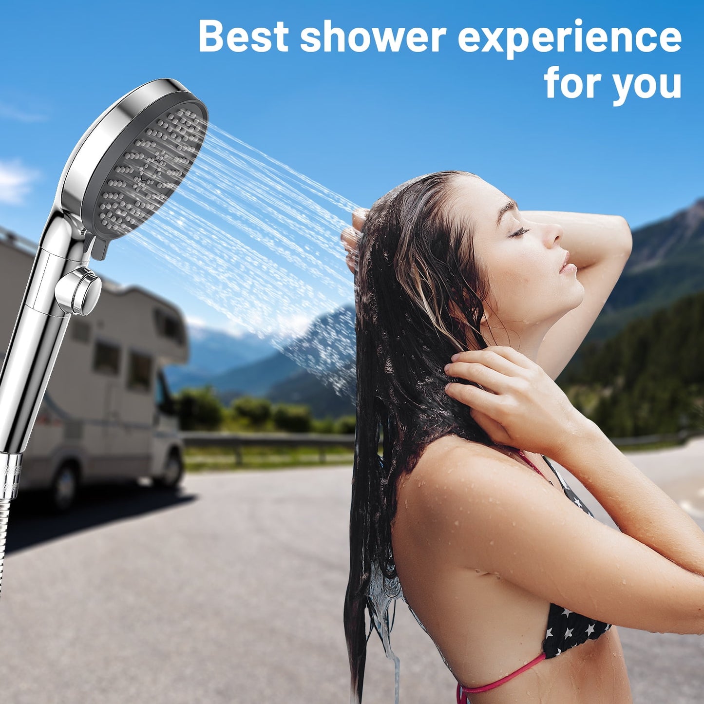 RV Shower Head with Hose, 5 Mode High Pressure Shower Head Replacement, Handheld on/off with Holder、Hose, Travel Trailer, Water Saving Motorhome