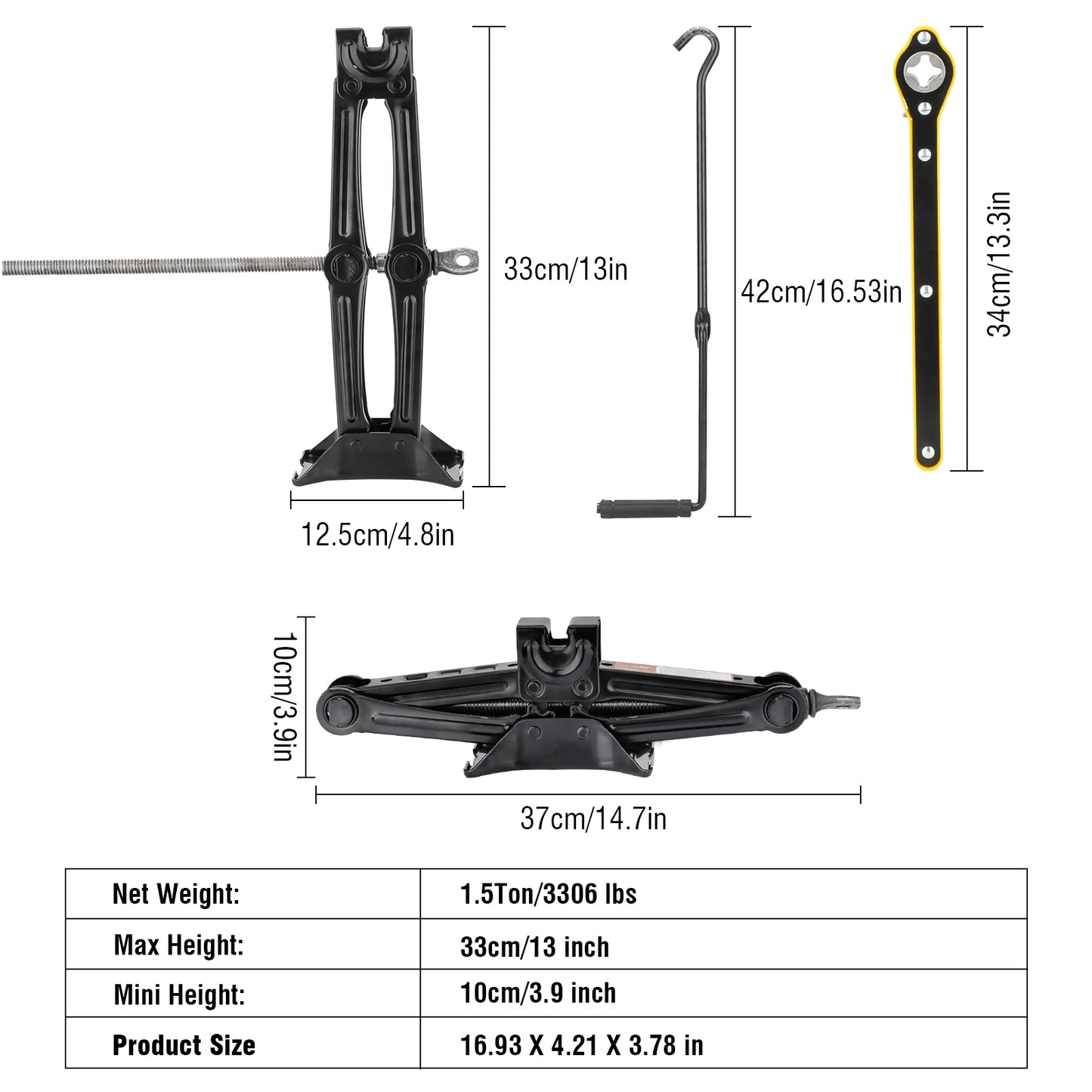 1.5 Ton (3306 lbs) Scissor Jack Kit - Quick Lift for Tire Changes, Compatible with Autos, SUVs, and MPVs