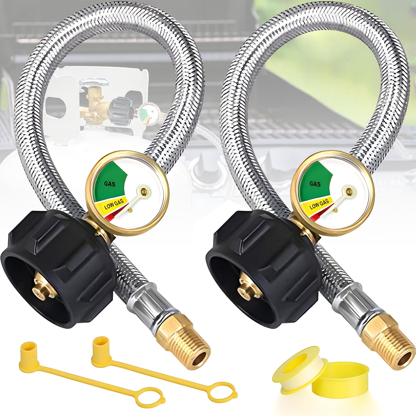 18 Inch RV Propane Hoses with Gauge, Camper Propane Hose with Gauge Stainless Steel Braided, 1/4" Male, 40Lb 250PSI, NPT x QCC1 Fittings (2 Pack)