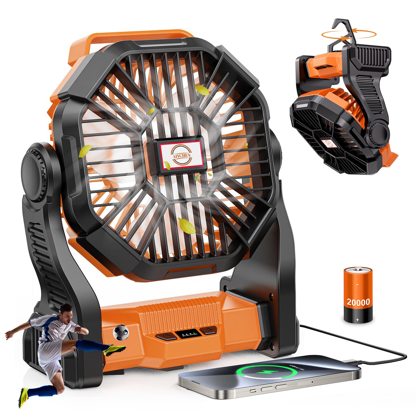 Camping Fan with LED Lantern, 20000mAh Portable Battery Operated Outdoor Fan, Personal Rechargeable Fan for Travel, Hiking, Fishing, Picnic（Orange1）