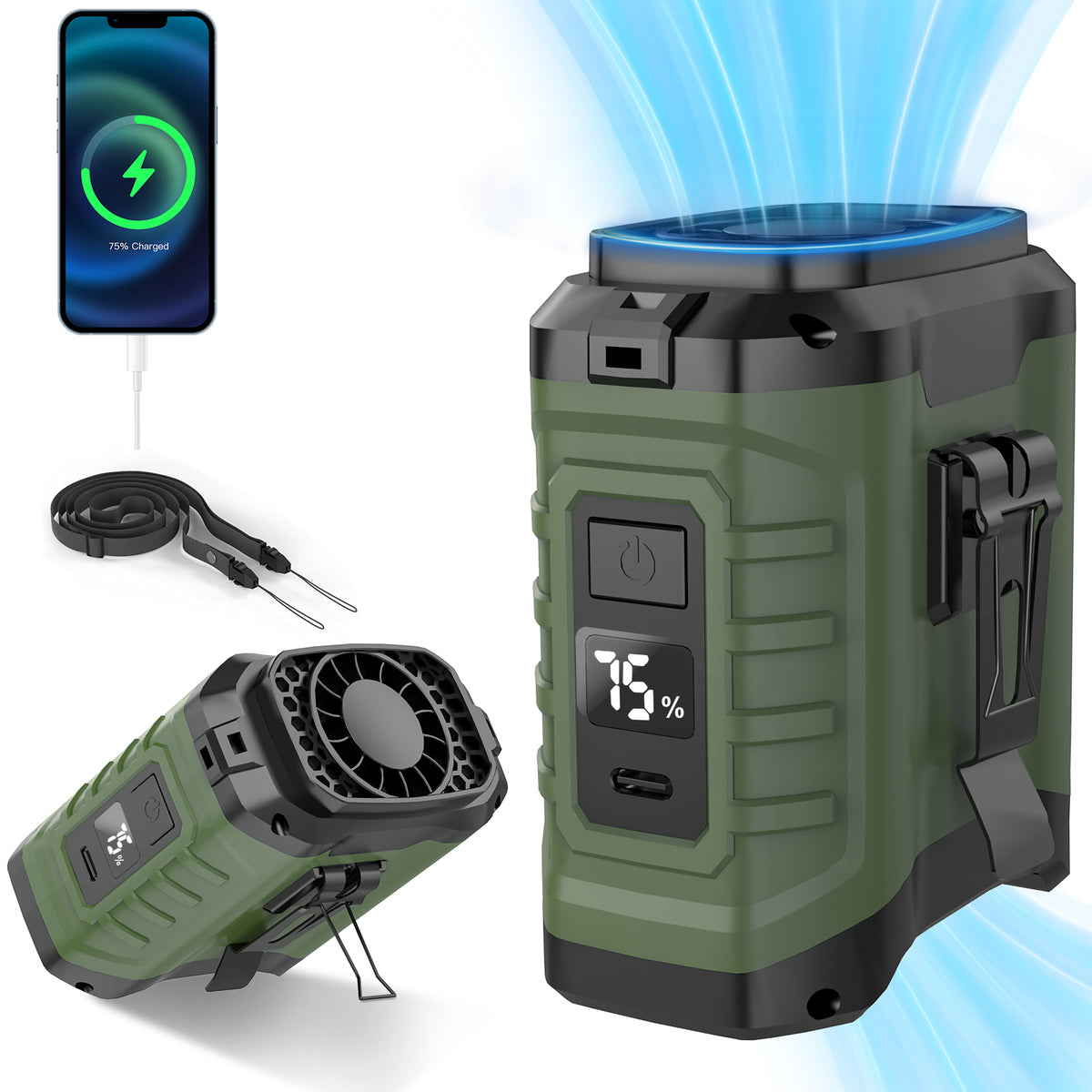 10000mAh Portable Waist Fan Clip on Wearable Belt Personal Fan Rechargeable Battery operated With 5 Speeds & Neck Hands-Free 50H Cooling For Outdoor Camping Travel (Green)