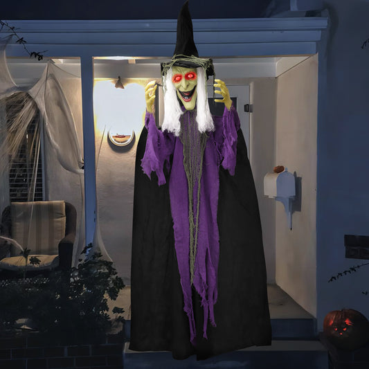 72" Hanging Witch Decoration with Light-up Eyes and Sound Activation Function Animated Talking Witch for Halloween Decorations Haunted House Prop Decor, Halloween Hanging Decorations, Outdoor/In