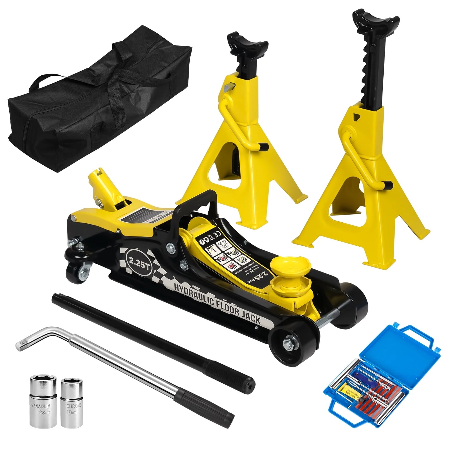 2.25 Ton Hydraulic Floor Jack Set , 3 Ton Jack Stands, Tire Repair Kit - Low Profile Service Jack with 4960 LB Capacity, Yellow, Double Locking Pins, Universal Wheels, and European Certification