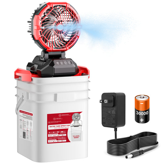 Portable Outdoor Misting Fan, Bucket Top Portable Fan, Battery Powered with 4 Fan Speeds & 4 Mist Settings for Camping, Tailgating, and Beach with bucket
